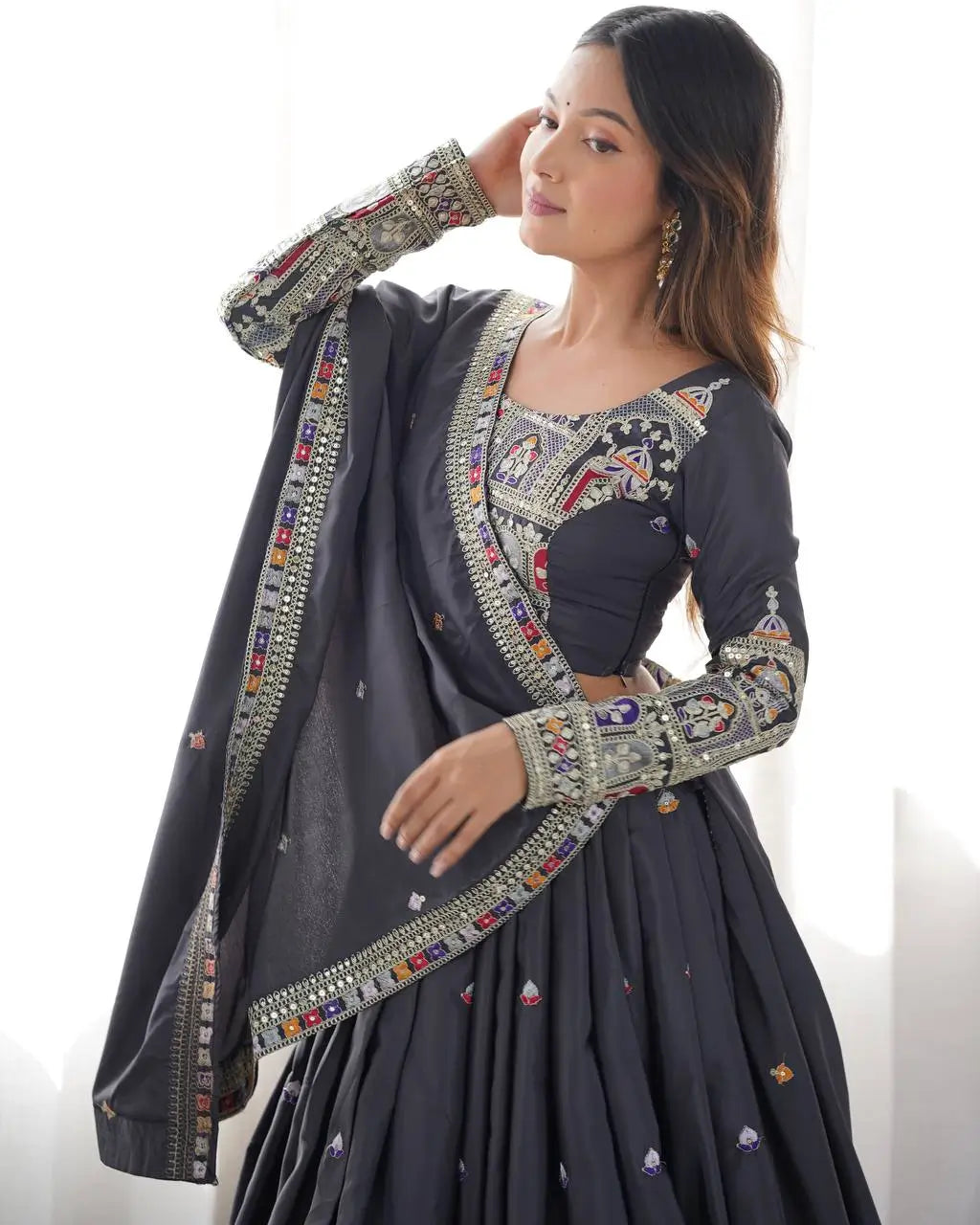 Natural Crepe Silk Embroidered Lehenga Set with Dupatta