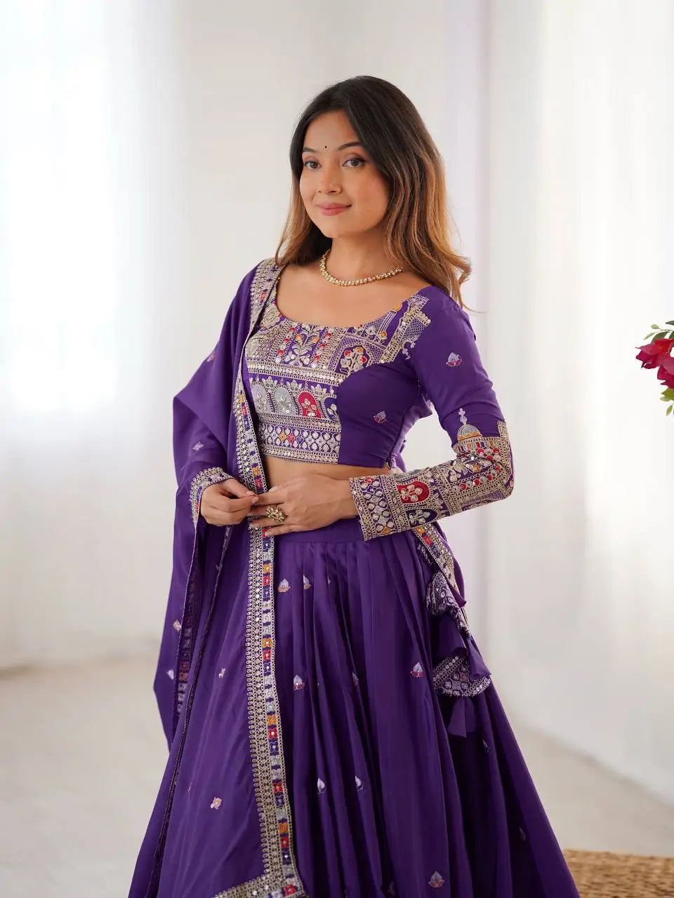 Natural Crepe Silk Embroidered Lehenga Set with Dupatta