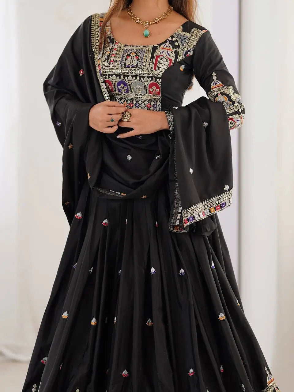 Natural Crepe Silk Embroidered Lehenga Set with Dupatta