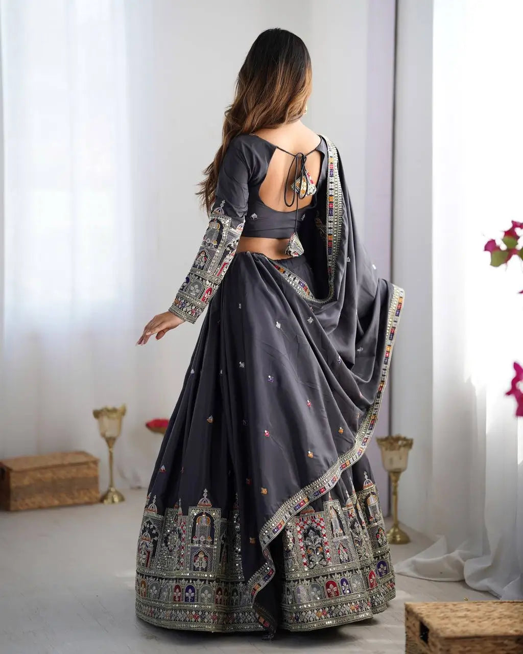 Natural Crepe Silk Embroidered Lehenga Set with Dupatta