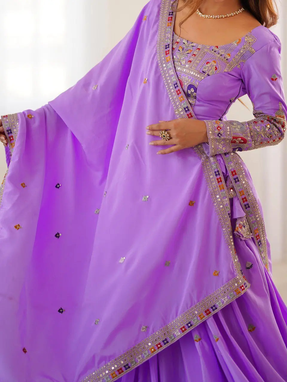 Natural Crepe Silk Embroidered Lehenga Set with Dupatta