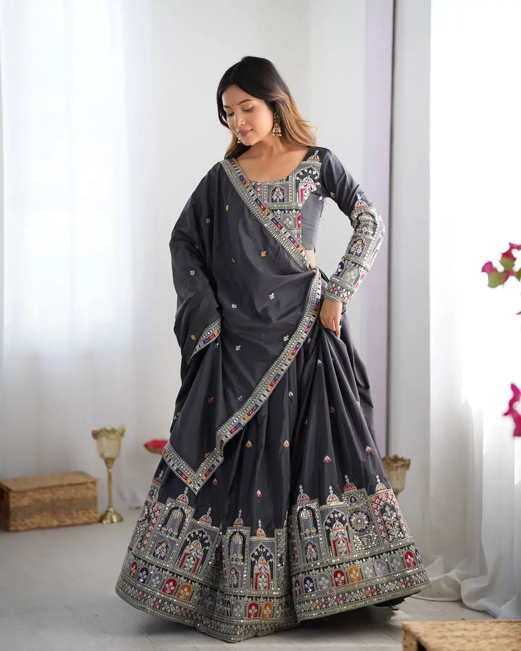 Natural Crepe Silk Embroidered Lehenga Set with Dupatta