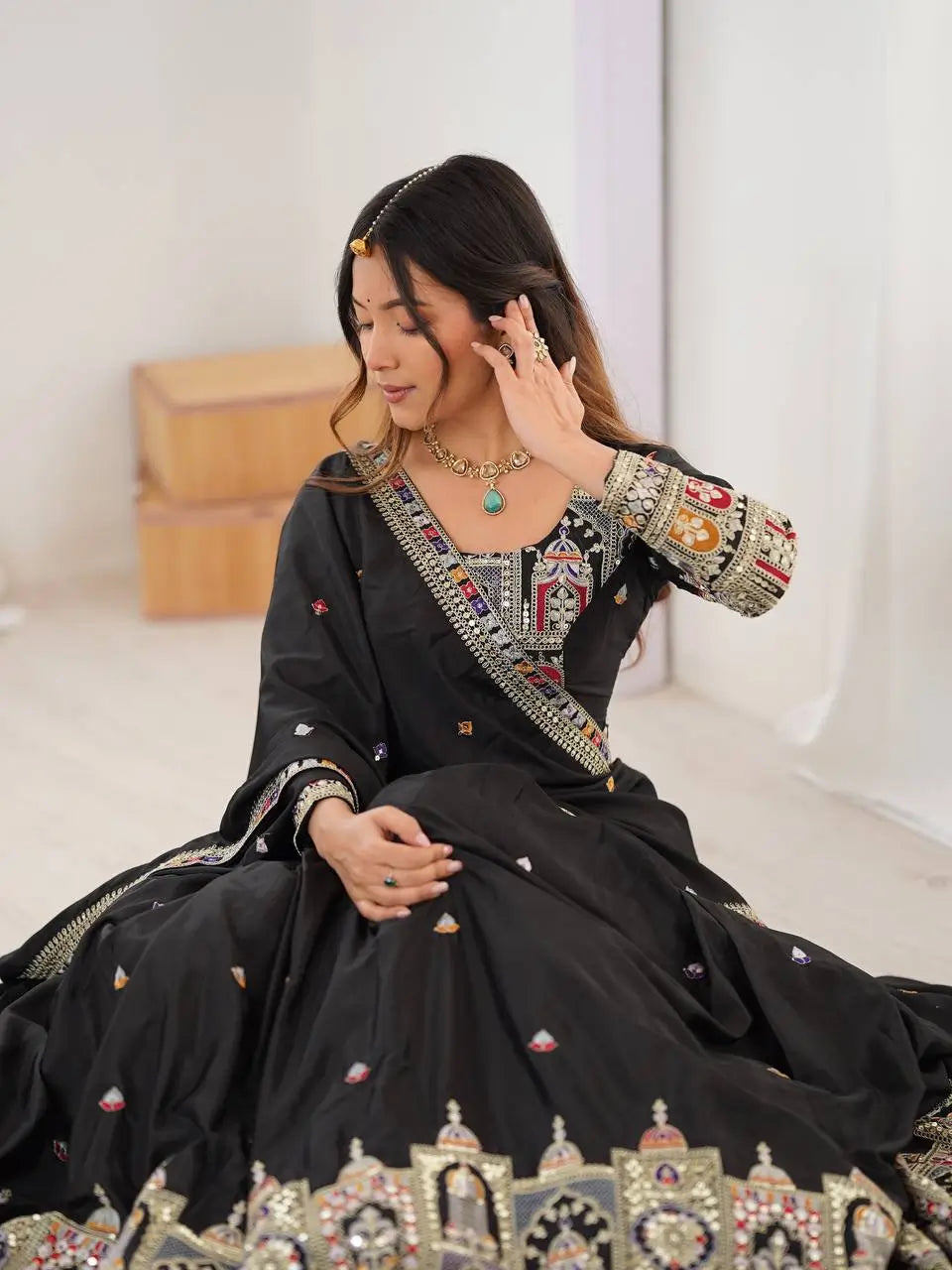 Natural Crepe Silk Embroidered Lehenga Set with Dupatta