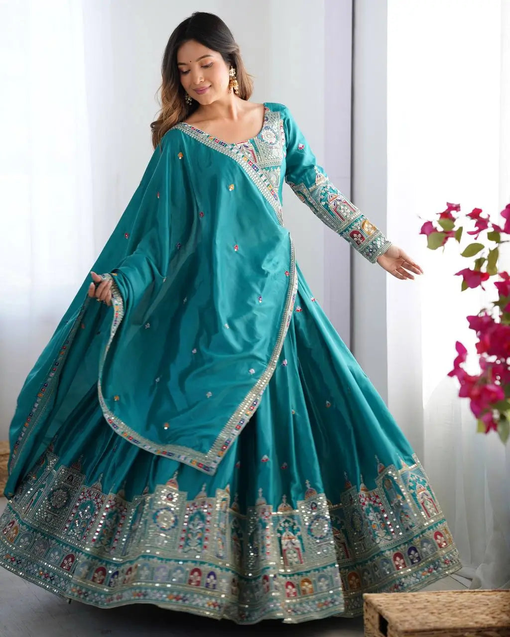 Natural Crepe Silk Embroidered Lehenga Set with Dupatta