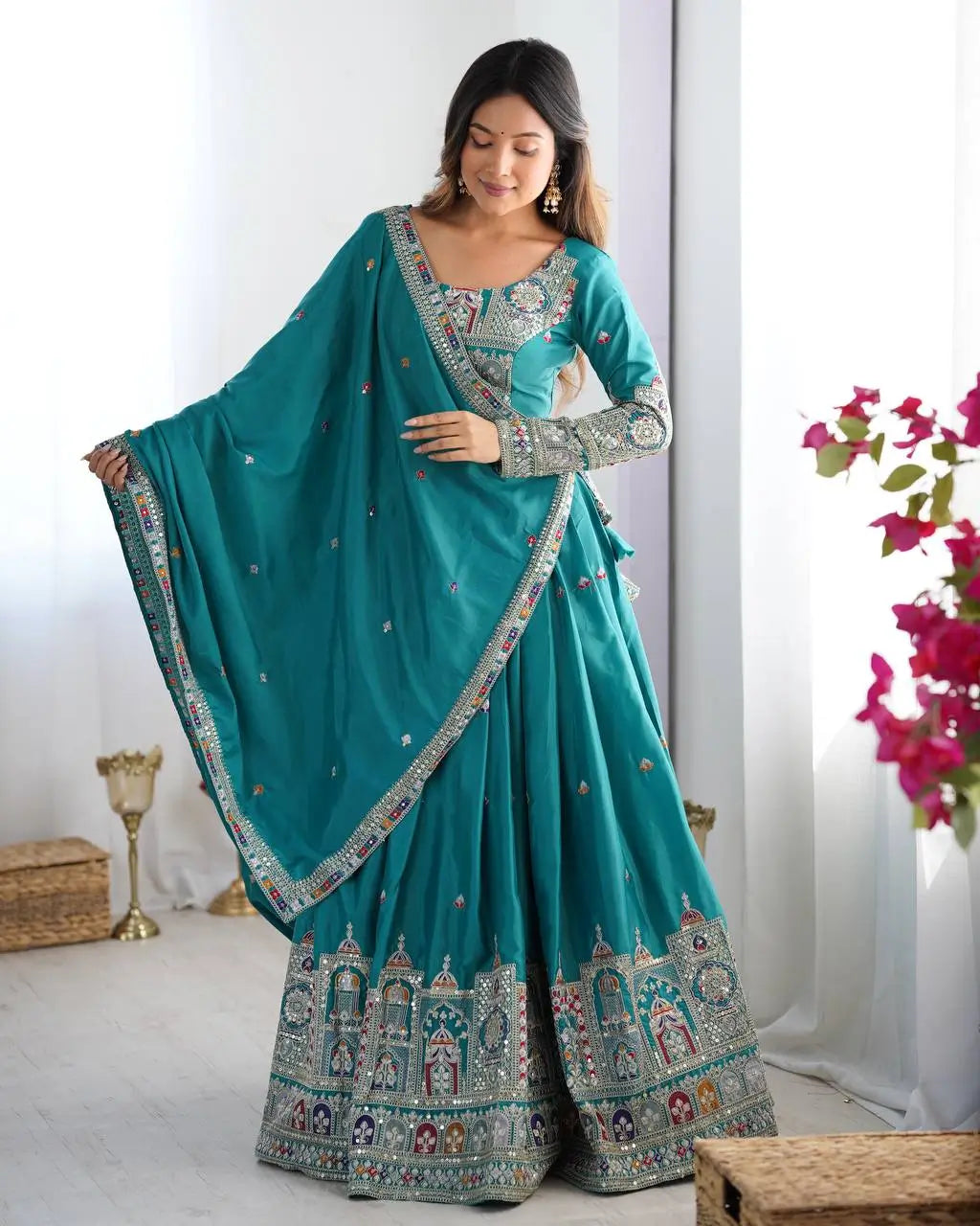 Natural Crepe Silk Embroidered Lehenga Set with Dupatta