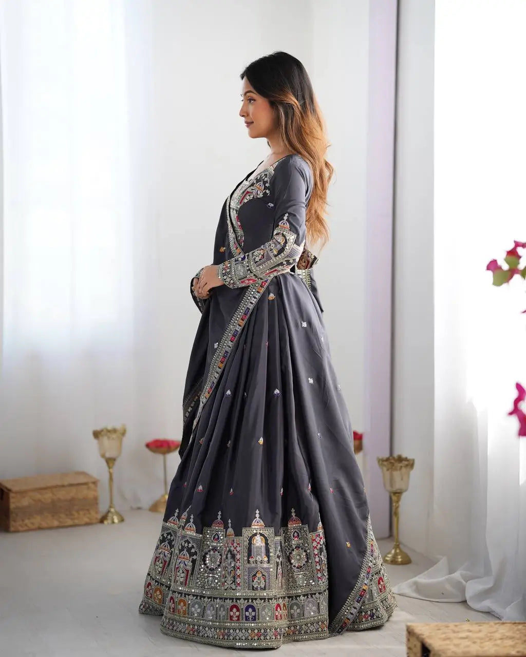 Natural Crepe Silk Embroidered Lehenga Set with Dupatta