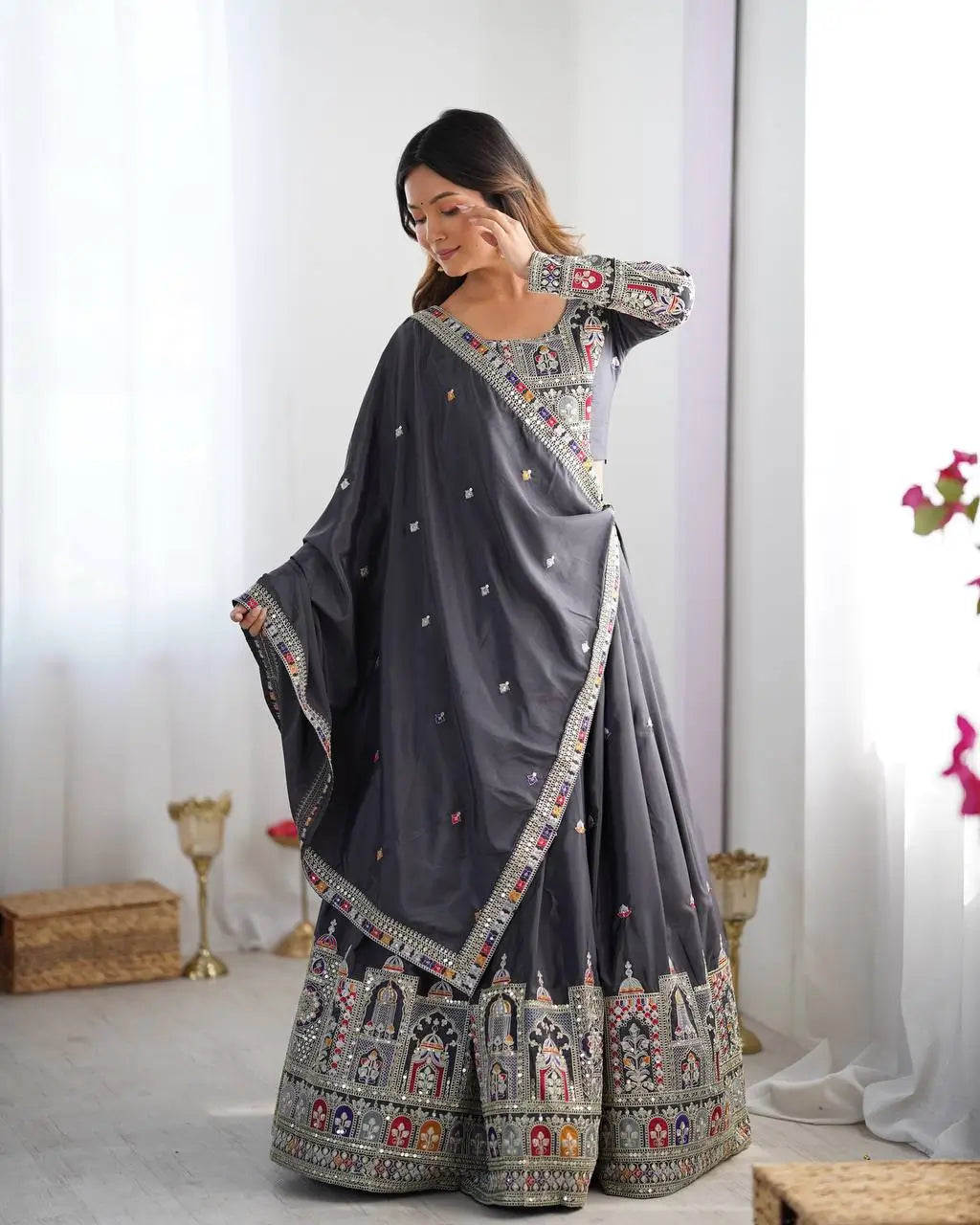 Natural Crepe Silk Embroidered Lehenga Set with Dupatta