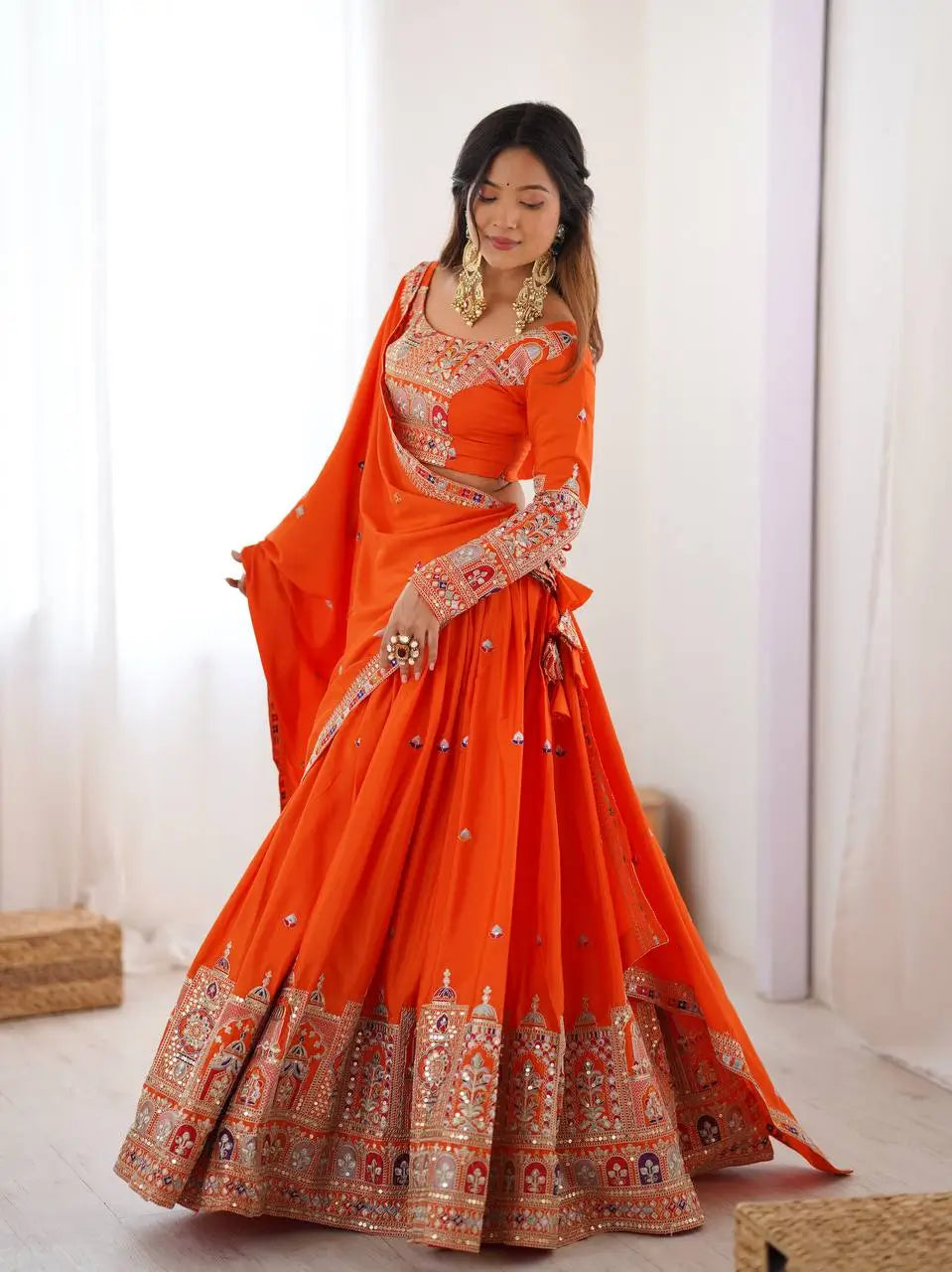 Natural Crepe Silk Embroidered Lehenga Set with Dupatta