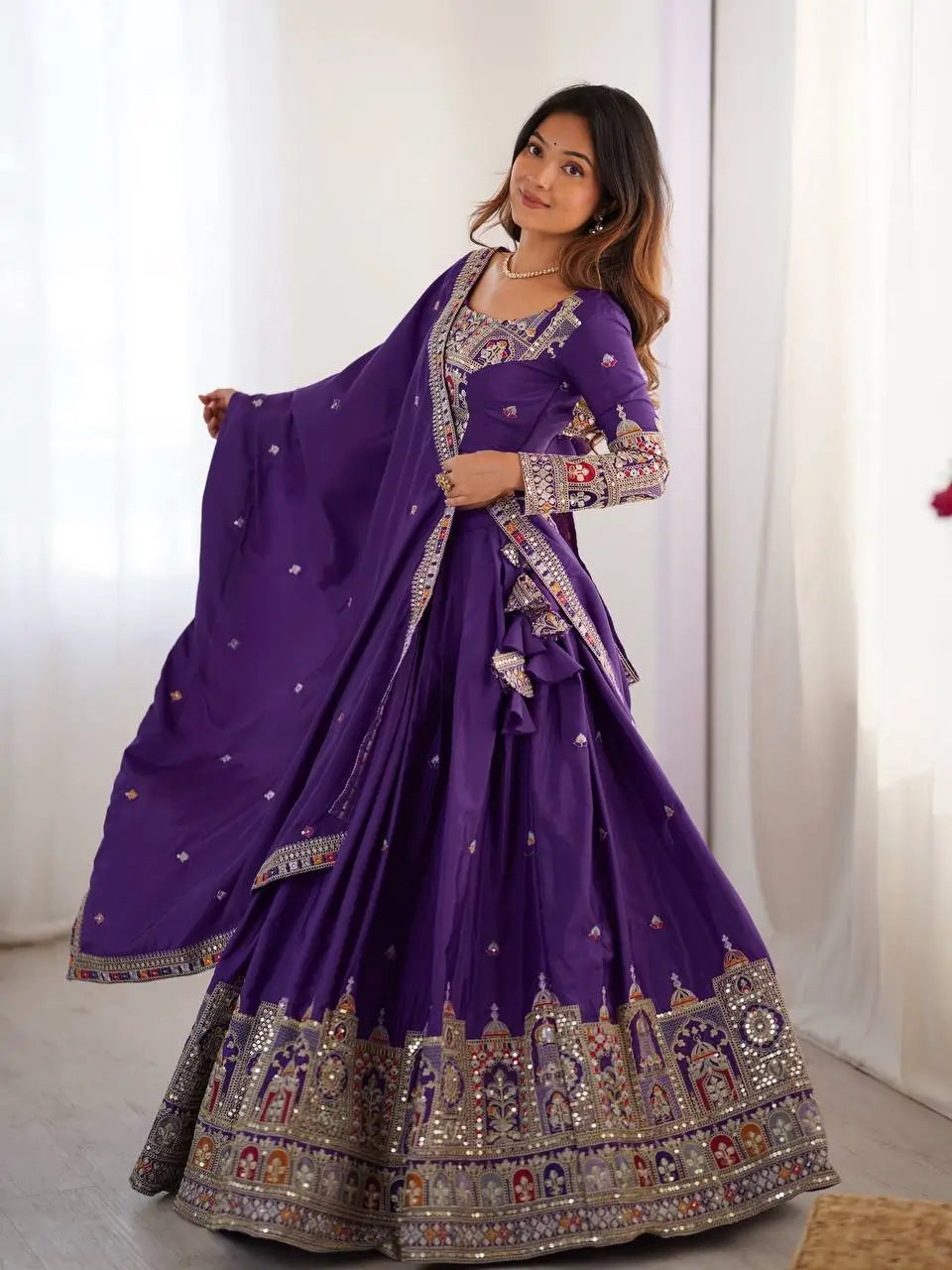 Natural Crepe Silk Embroidered Lehenga Set with Dupatta