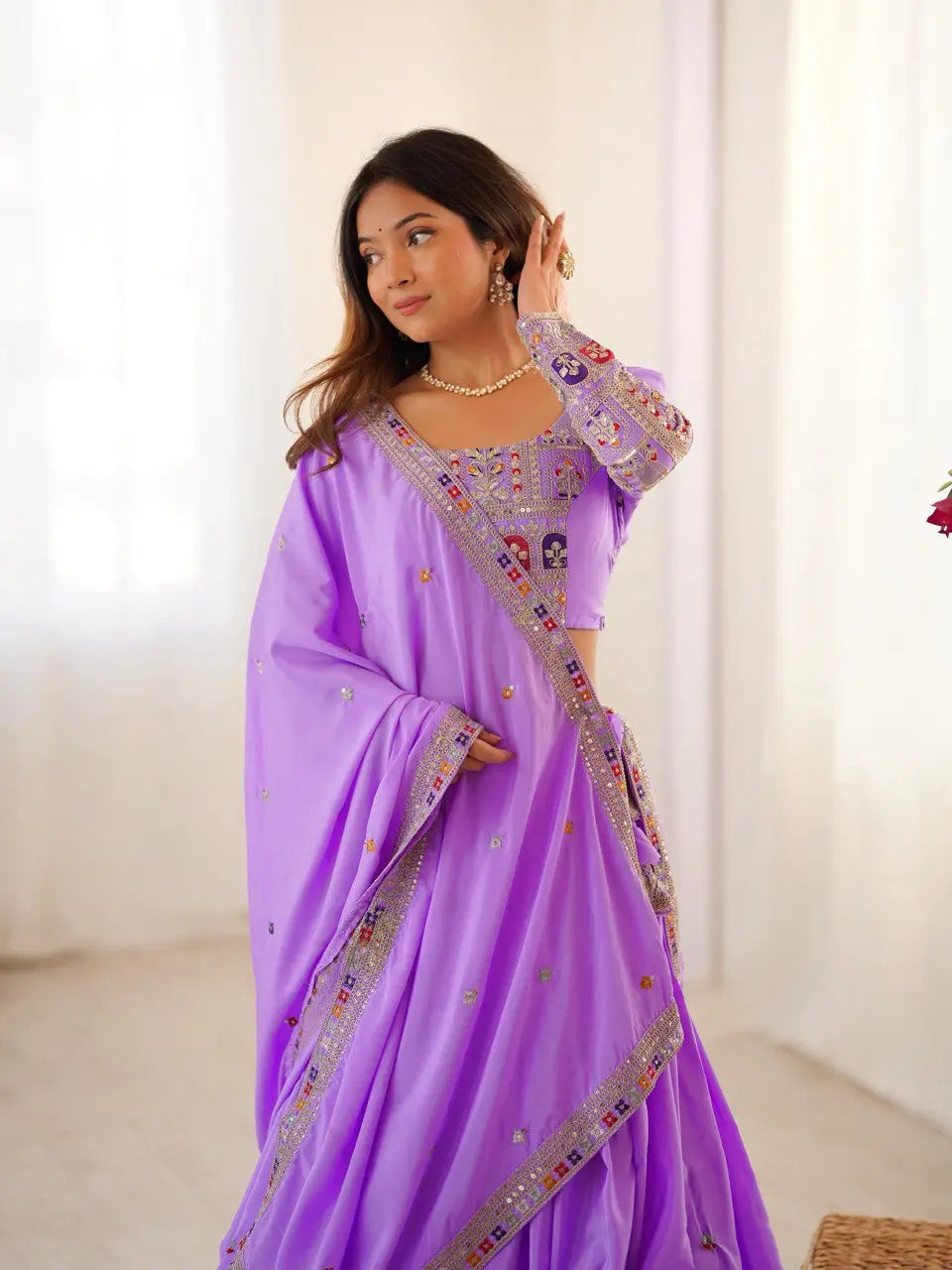 Natural Crepe Silk Embroidered Lehenga Set with Dupatta