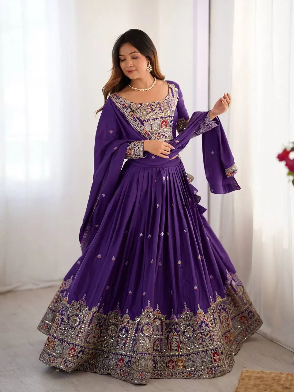 Natural Crepe Silk Embroidered Lehenga Set with Dupatta