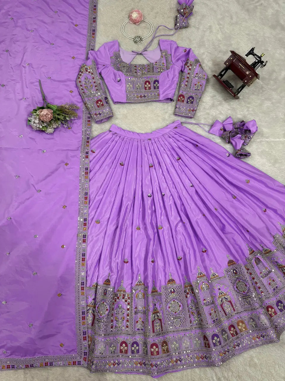 Natural Crepe Silk Embroidered Lehenga Set with Dupatta