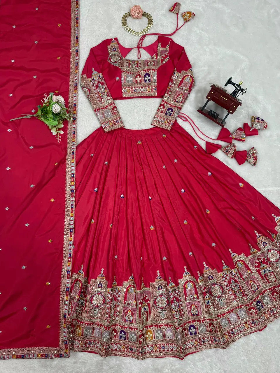 Natural Crepe Silk Embroidered Lehenga Set with Dupatta