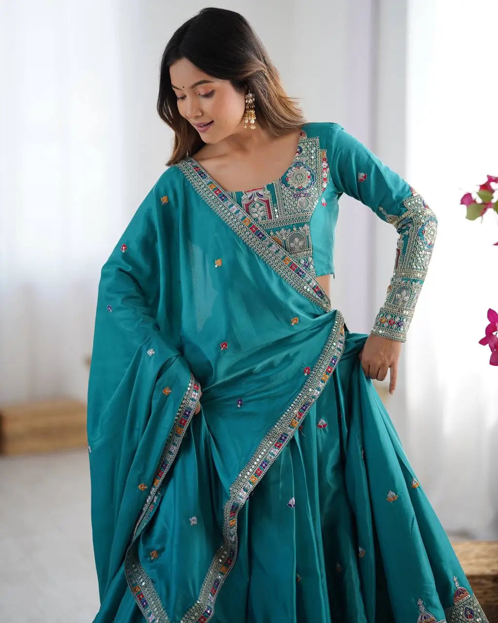 Natural Crepe Silk Embroidered Lehenga Set with Dupatta