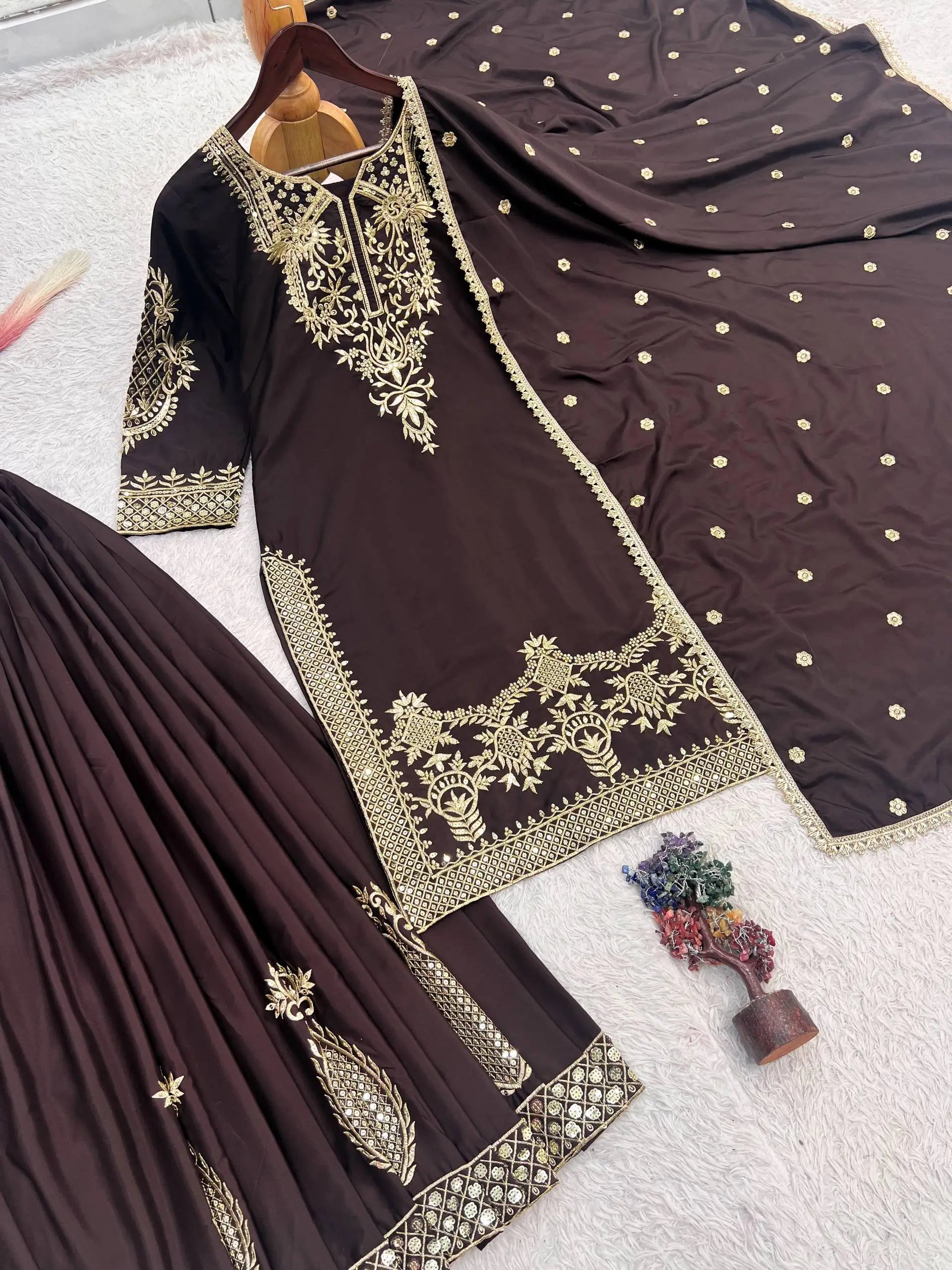 Natural Crepe Silk Zari Embroidery Sharara Set
