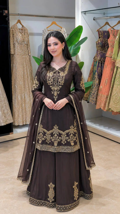 Natural Crepe Silk Zari Embroidery Sharara Set