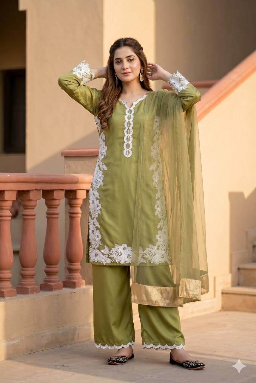 Natural Silk Embroidered Palazzo Suit for Festive and Wedding Occasions