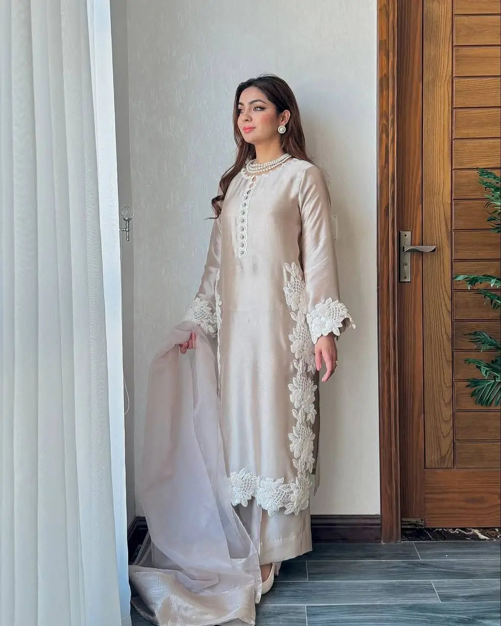 Natural Silk Embroidered Palazzo Suit for Festive and Wedding Occasions