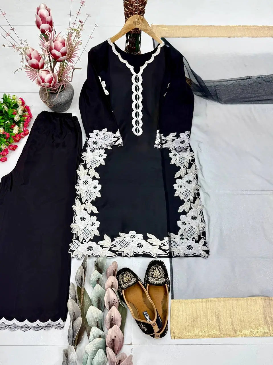 Natural Silk Embroidered Palazzo Suit for Festive and Wedding Occasions