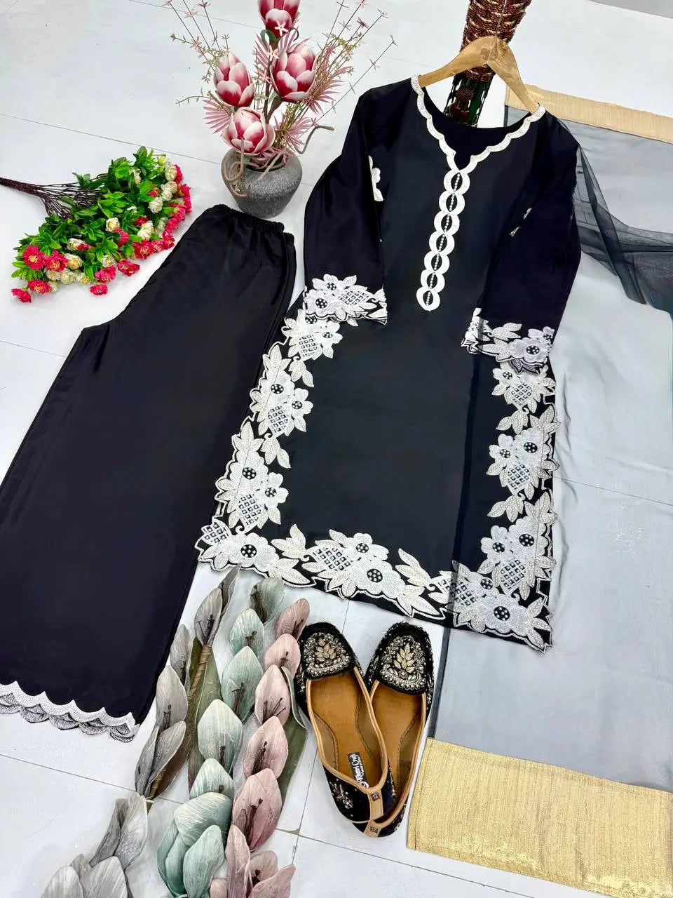 Natural Silk Embroidered Palazzo Suit for Festive and Wedding Occasions