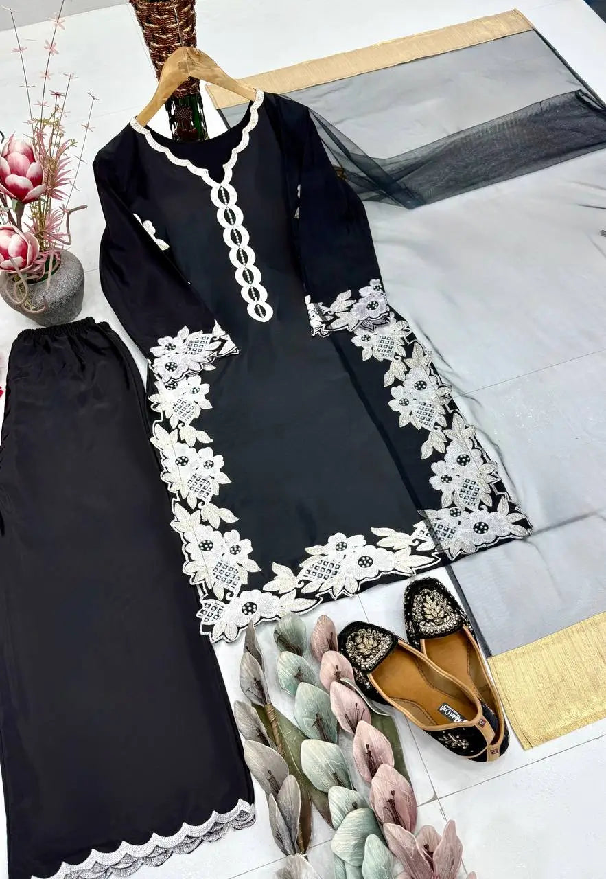 Natural Silk Embroidered Palazzo Suit for Festive and Wedding Occasions