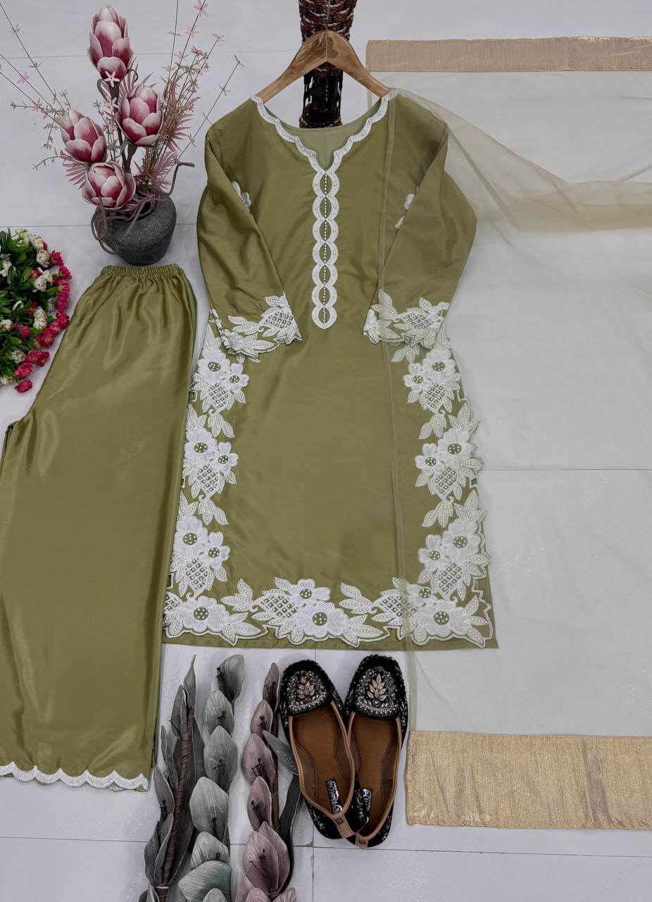 Natural Silk Embroidered Palazzo Suit for Festive and Wedding Occasions