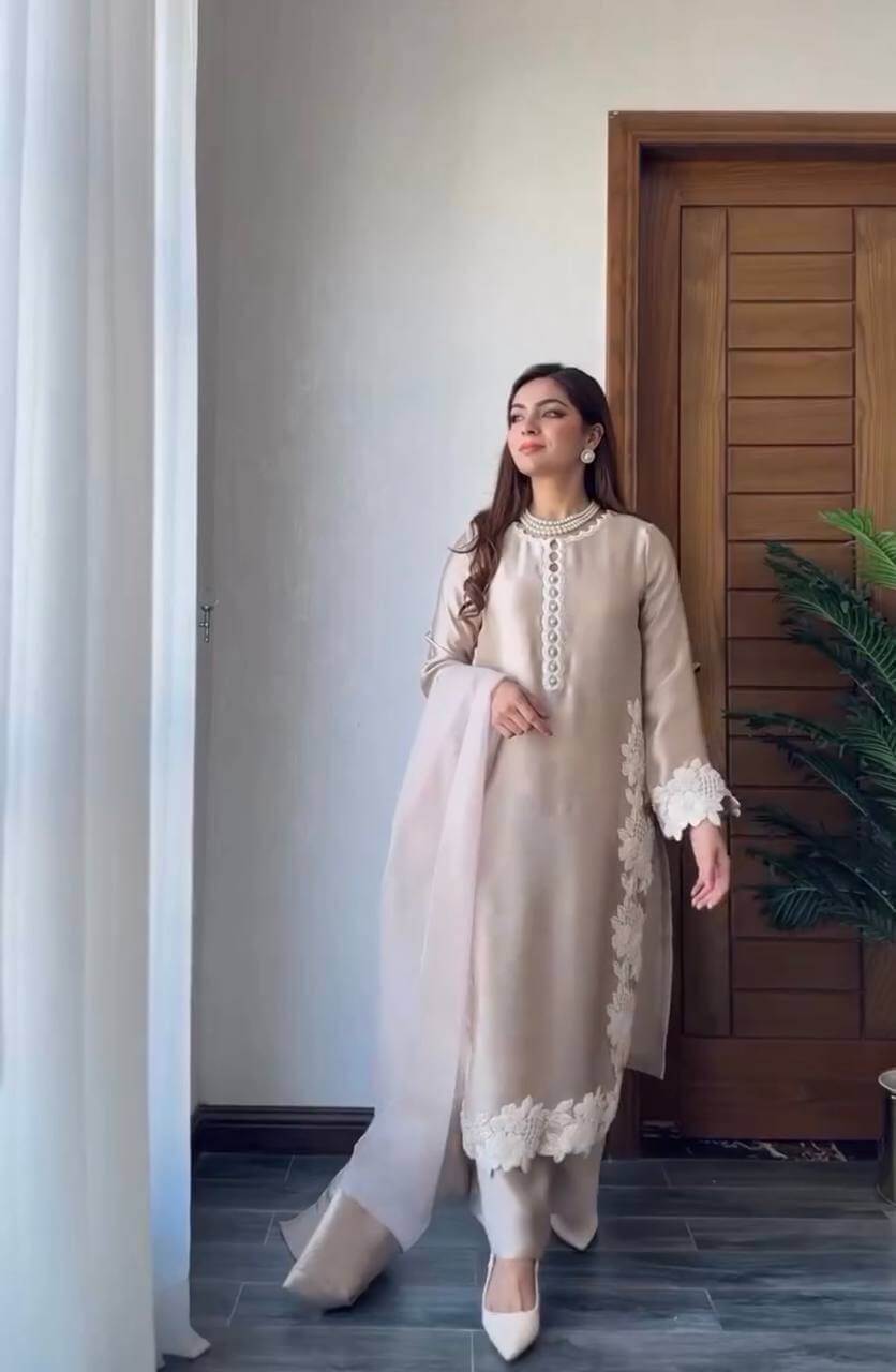 Natural Silk Embroidered Palazzo Suit for Festive and Wedding Occasions