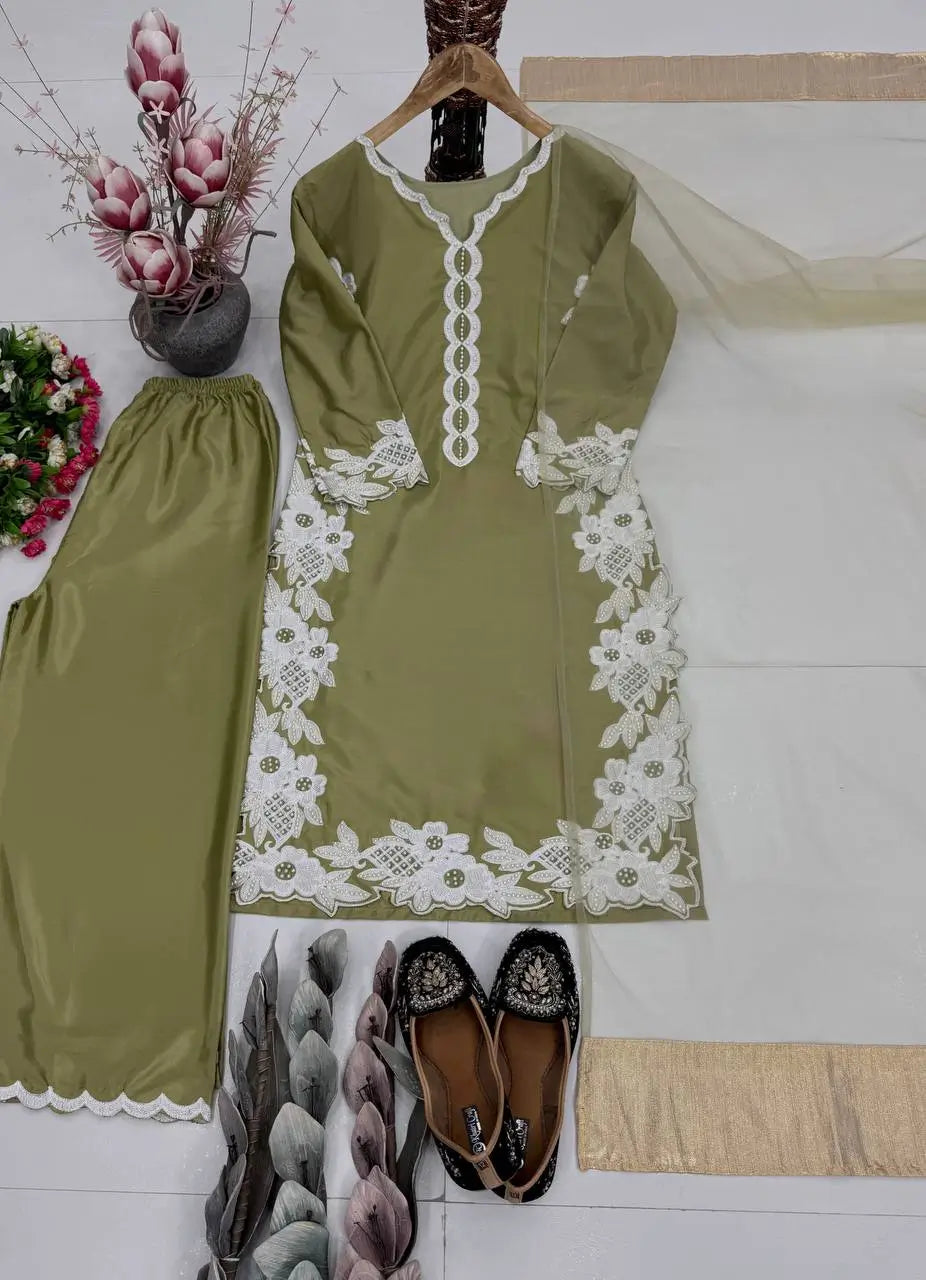 Natural Silk Embroidered Palazzo Suit for Festive and Wedding Occasions
