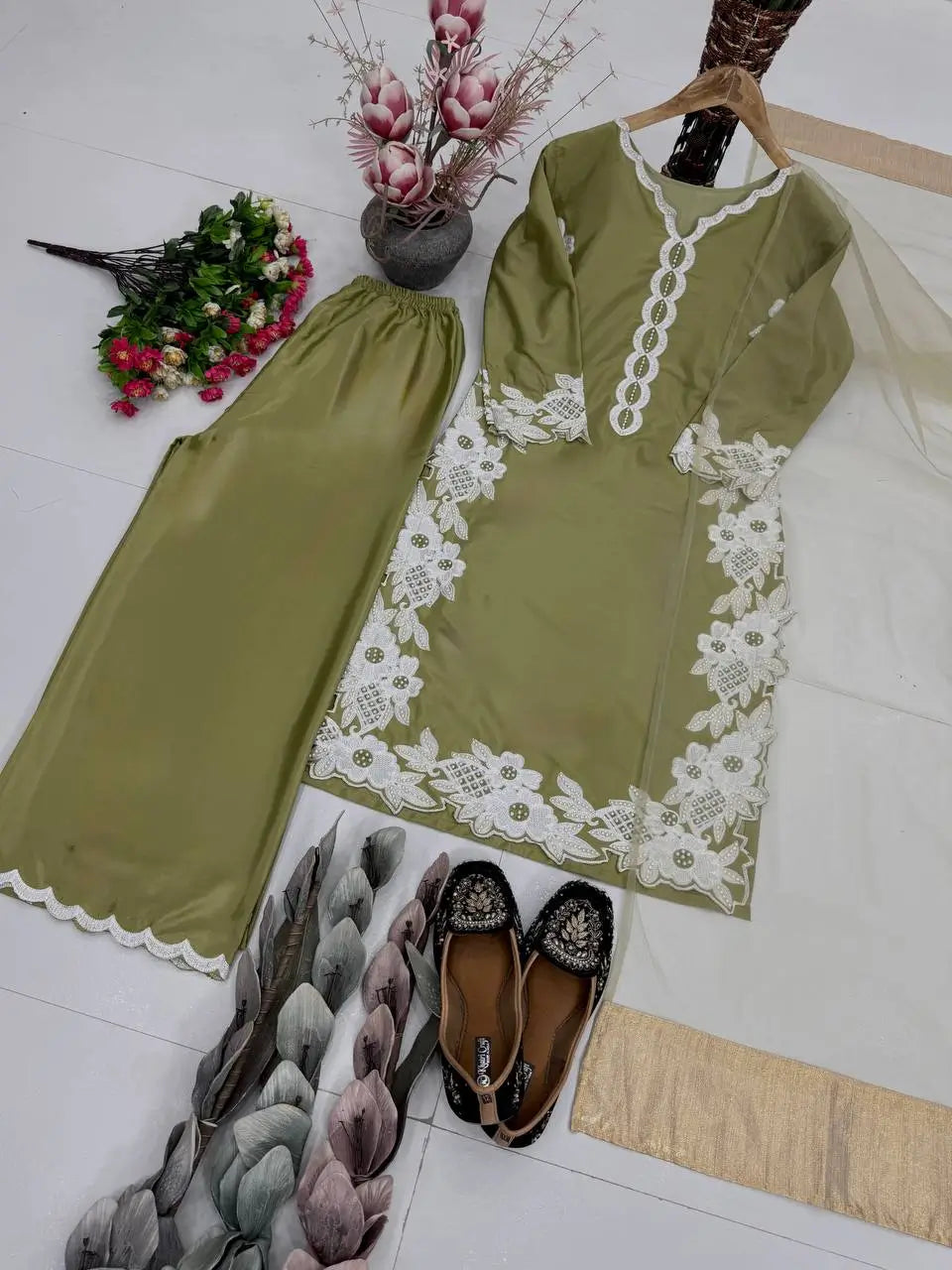 Natural Silk Embroidered Palazzo Suit for Festive and Wedding Occasions