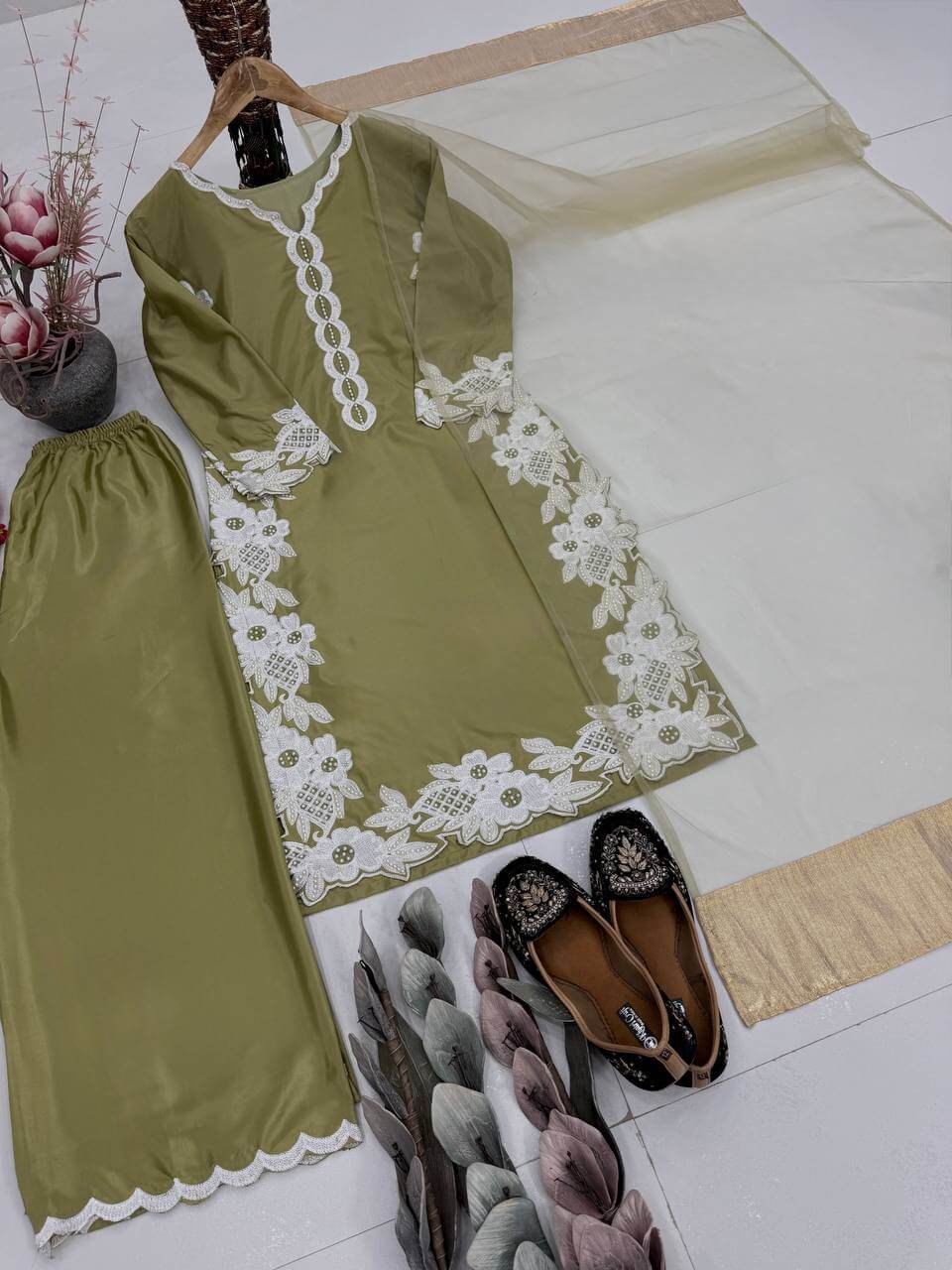 Natural Silk Embroidered Palazzo Suit for Festive and Wedding Occasions
