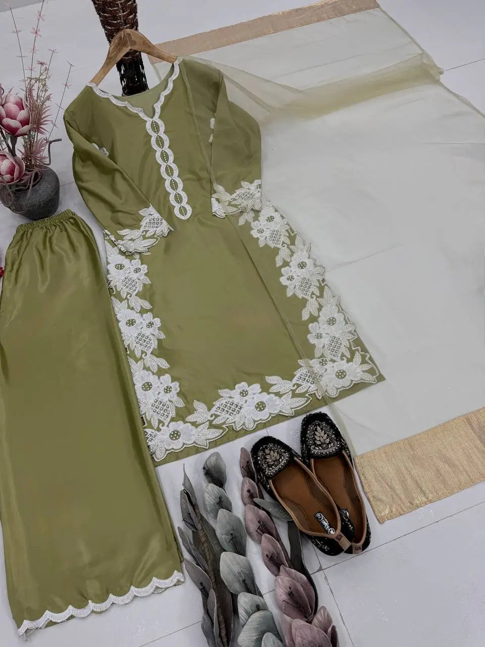 Natural Silk Embroidered Palazzo Suit for Festive and Wedding Occasions