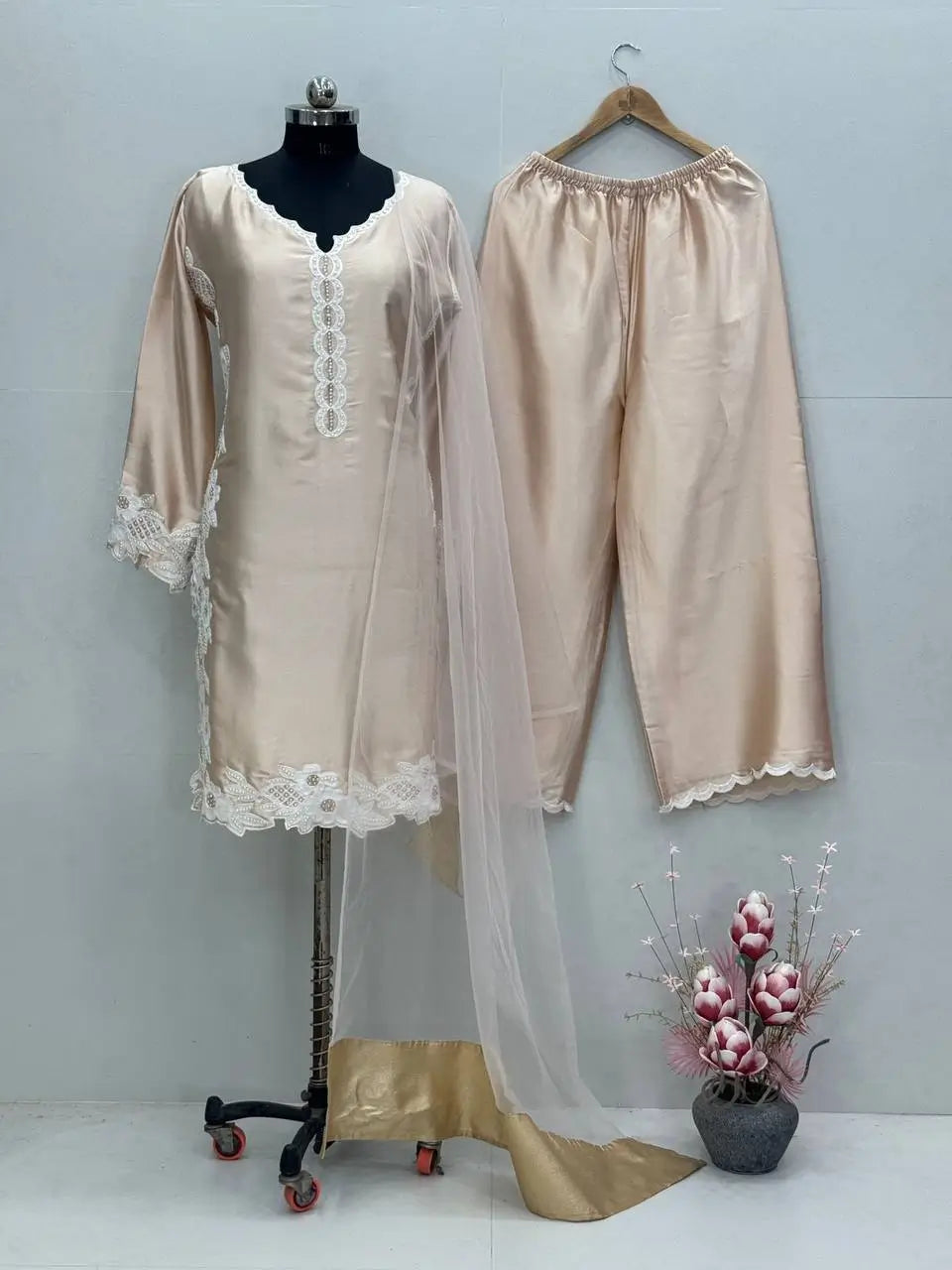 Natural Silk Embroidered Palazzo Suit for Festive and Wedding Occasions