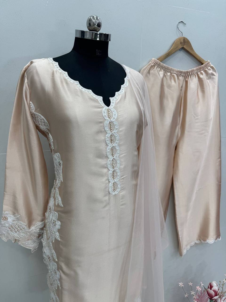 Natural Silk Embroidered Palazzo Suit for Festive and Wedding Occasions