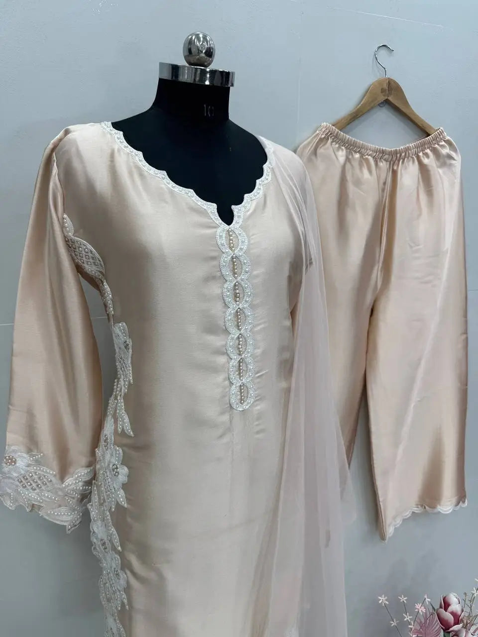 Natural Silk Embroidered Palazzo Suit for Festive and Wedding Occasions