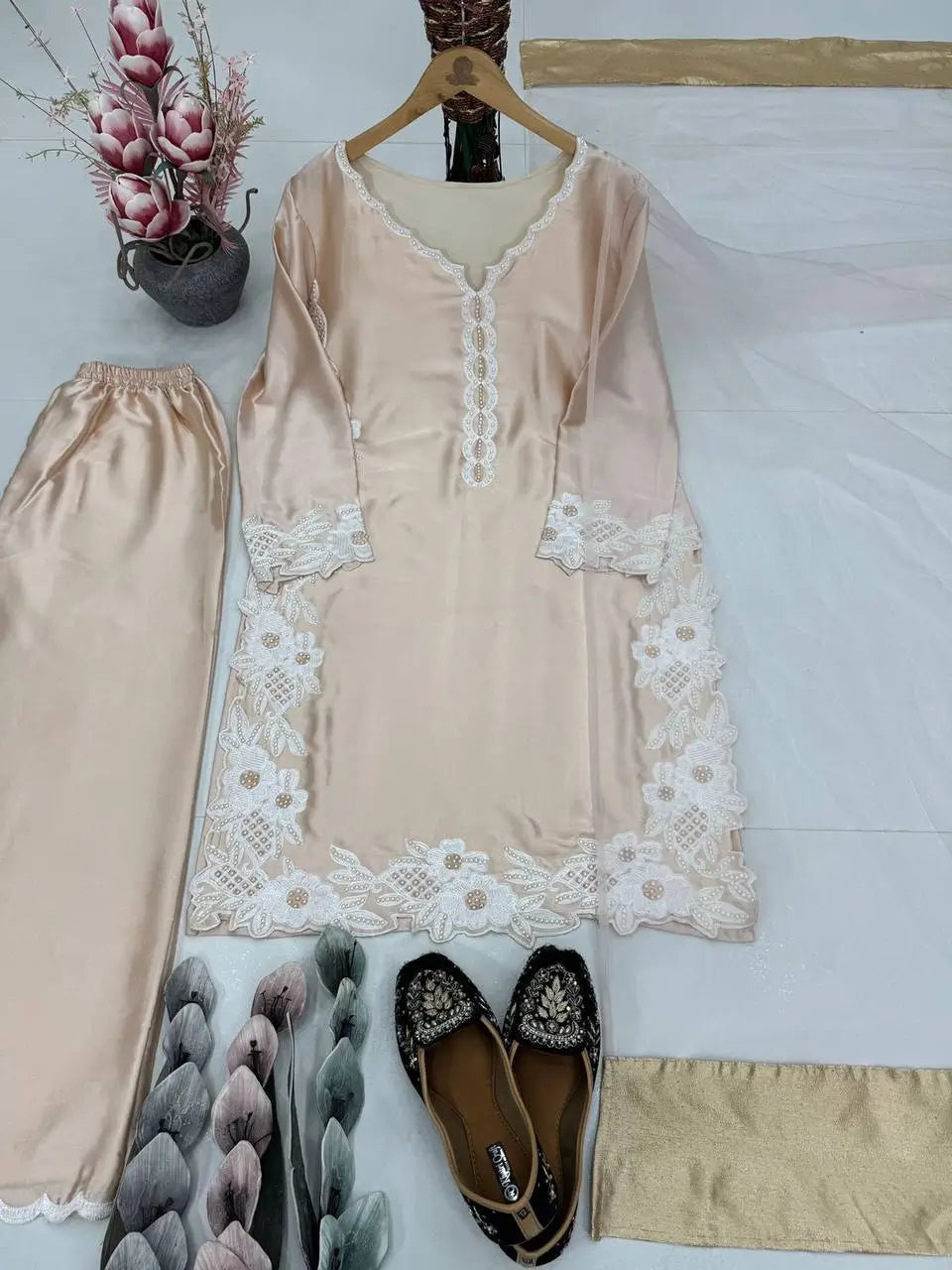 Natural Silk Embroidered Palazzo Suit for Festive and Wedding Occasions