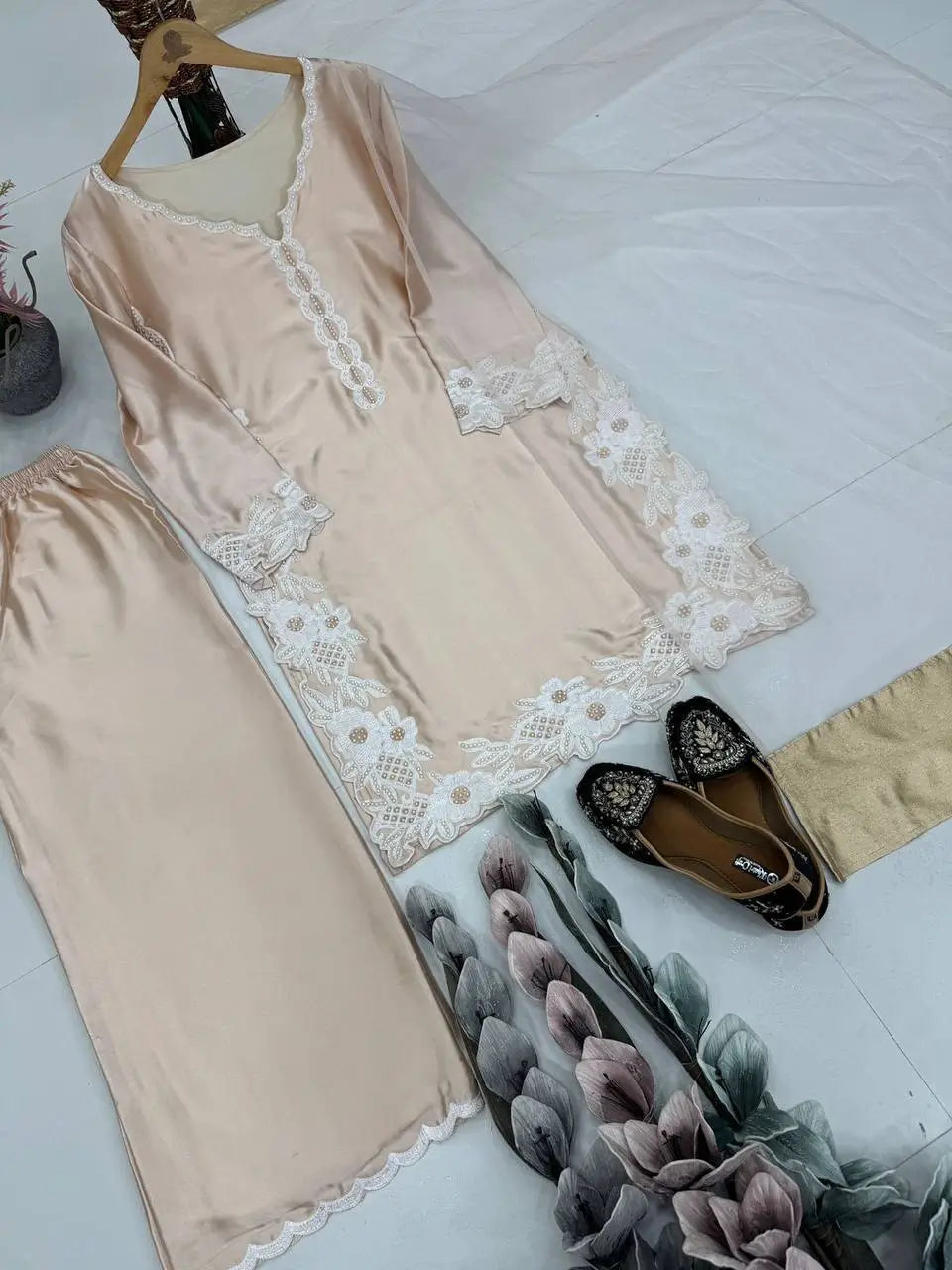 Natural Silk Embroidered Palazzo Suit for Festive and Wedding Occasions