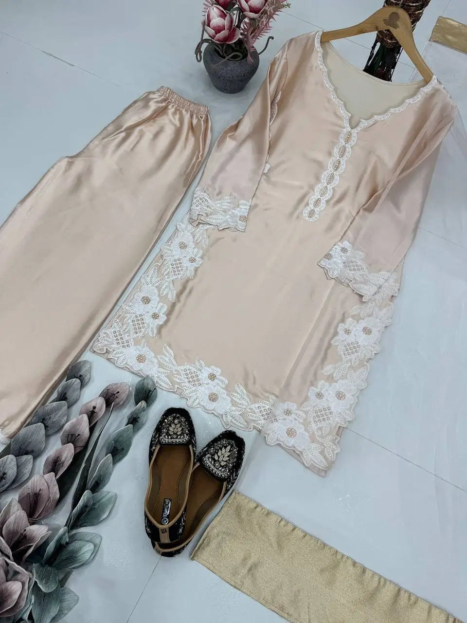 Natural Silk Embroidered Palazzo Suit for Festive and Wedding Occasions