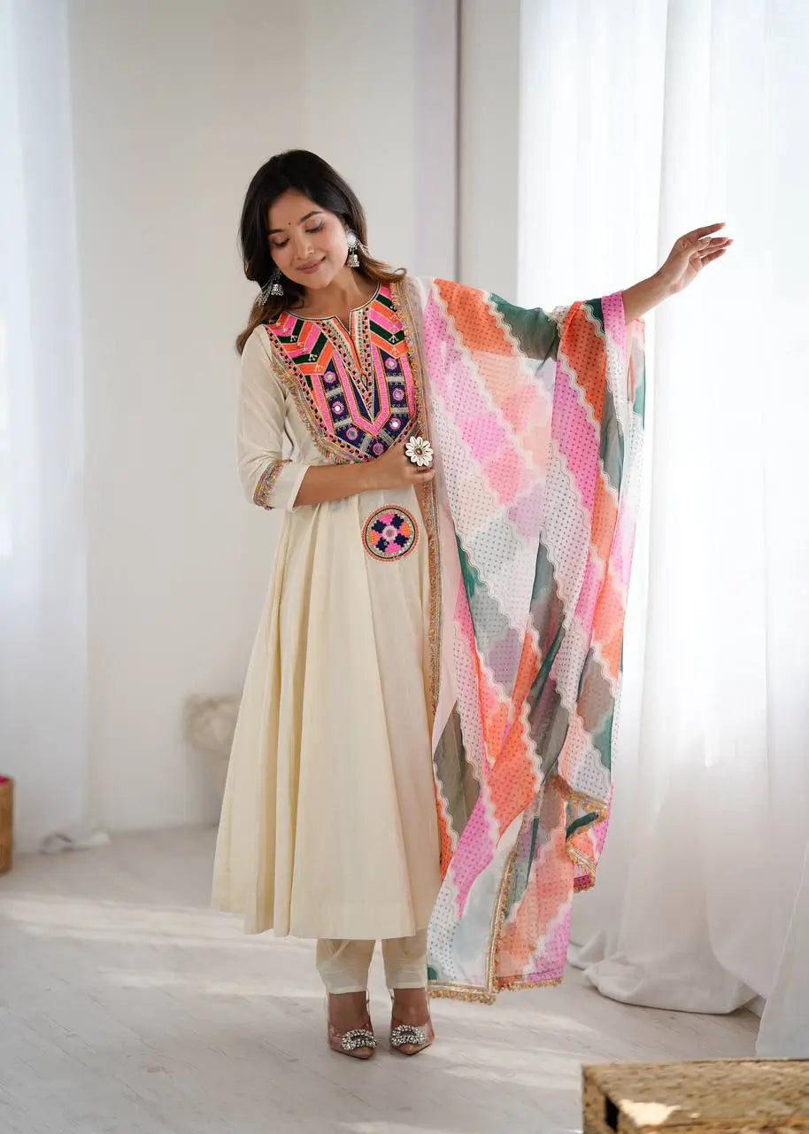 Navratri Special Premium Designer Khadi Cotton Gown Set with Dupatta