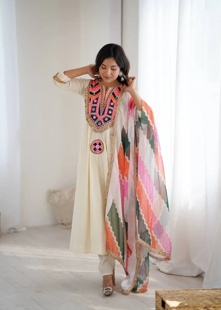 Navratri Special Premium Designer Khadi Cotton Gown Set with Dupatta