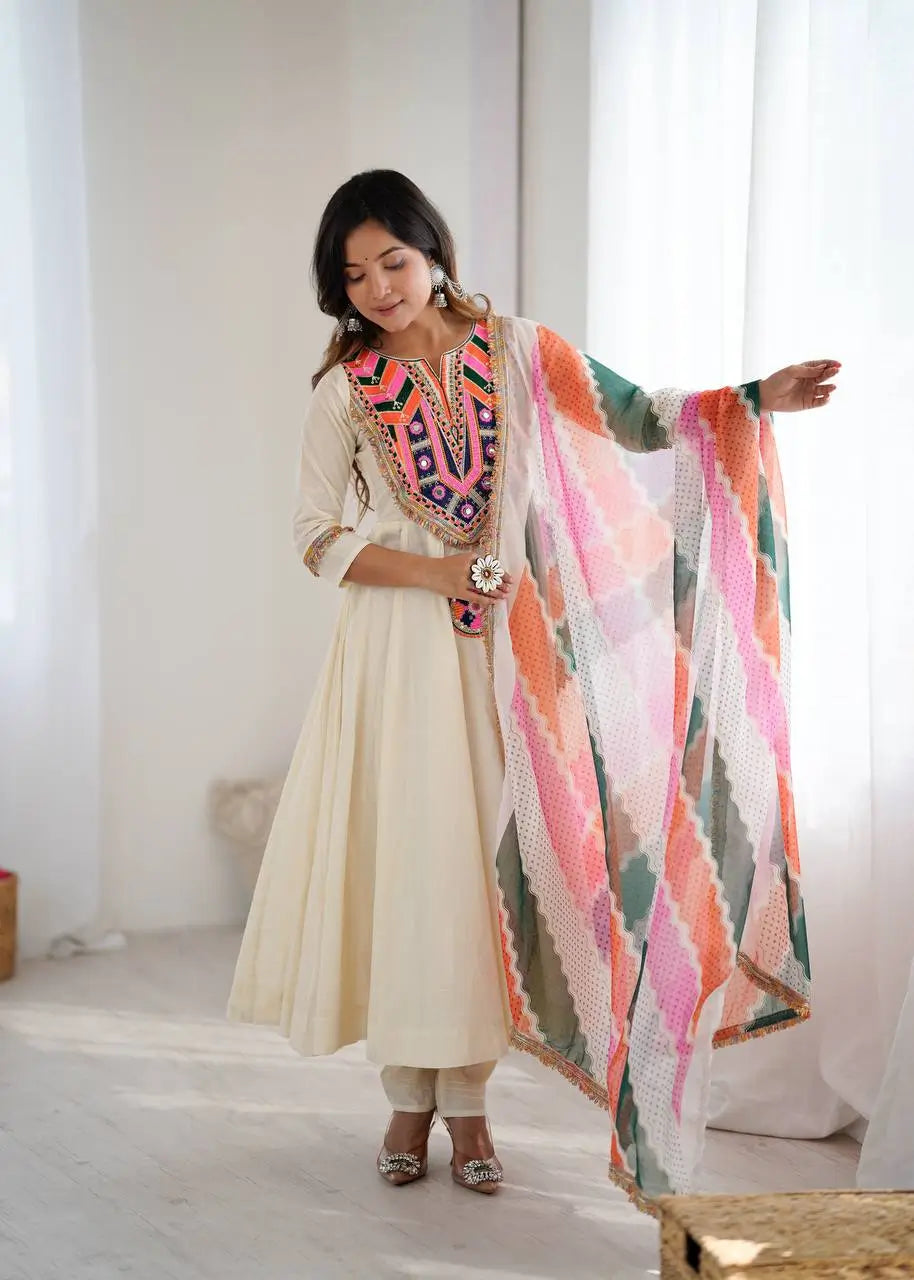 Navratri Special Premium Designer Khadi Cotton Gown Set with Dupatta