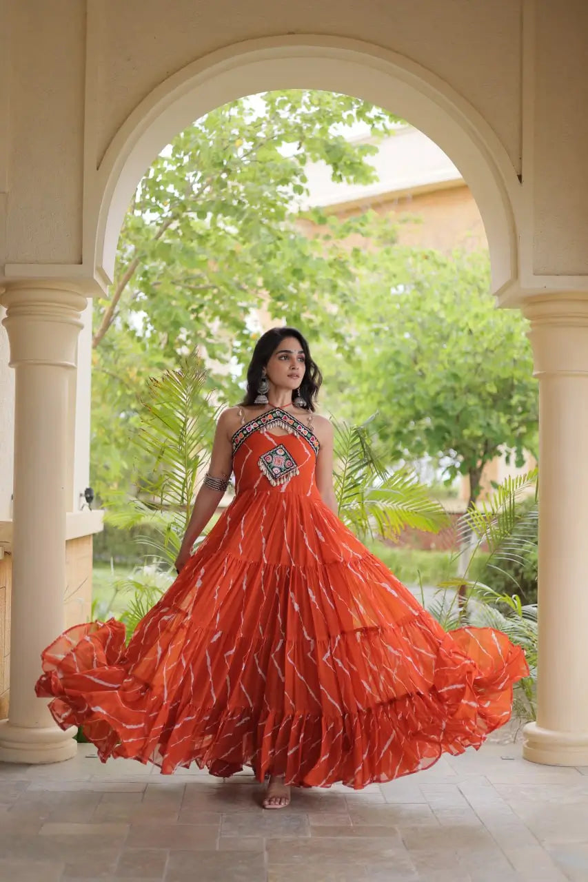 Navratri Wear Bandhani Kutchi Patchwork Anarkali Gown