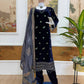 Navy Blue 9000 Velvet Heavy Embroidered Kurti Pant Set with Printed Dupatta | Winter Wedding Party Wear