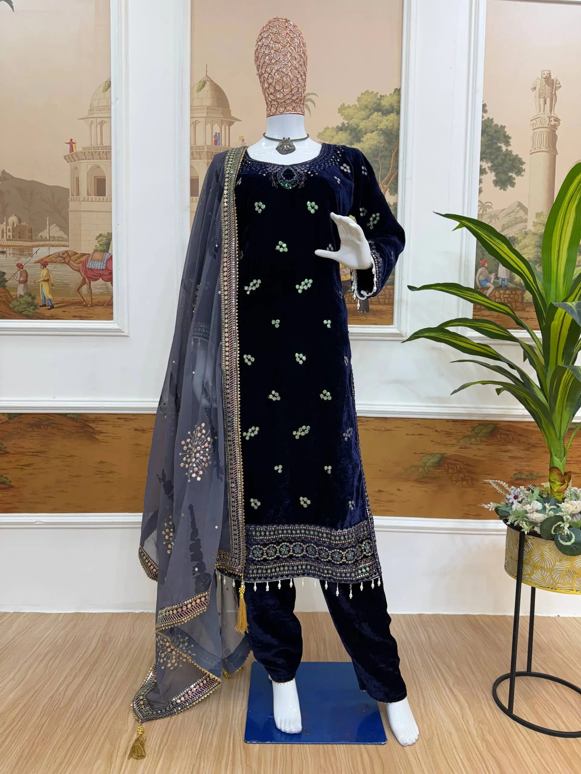 Navy Blue 9000 Velvet Heavy Embroidered Kurti Pant Set with Printed Dupatta | Winter Wedding Party Wear