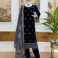 Navy Blue 9000 Velvet Heavy Embroidered Kurti Pant Set with Printed Dupatta | Winter Wedding Party Wear