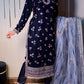 Navy Blue 9000 Velvet Heavy Embroidered Kurti Pant Set with Printed Dupatta | Winter Wedding Party Wear