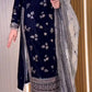 Navy Blue 9000 Velvet Heavy Embroidered Kurti Pant Set with Printed Dupatta | Winter Wedding Party Wear