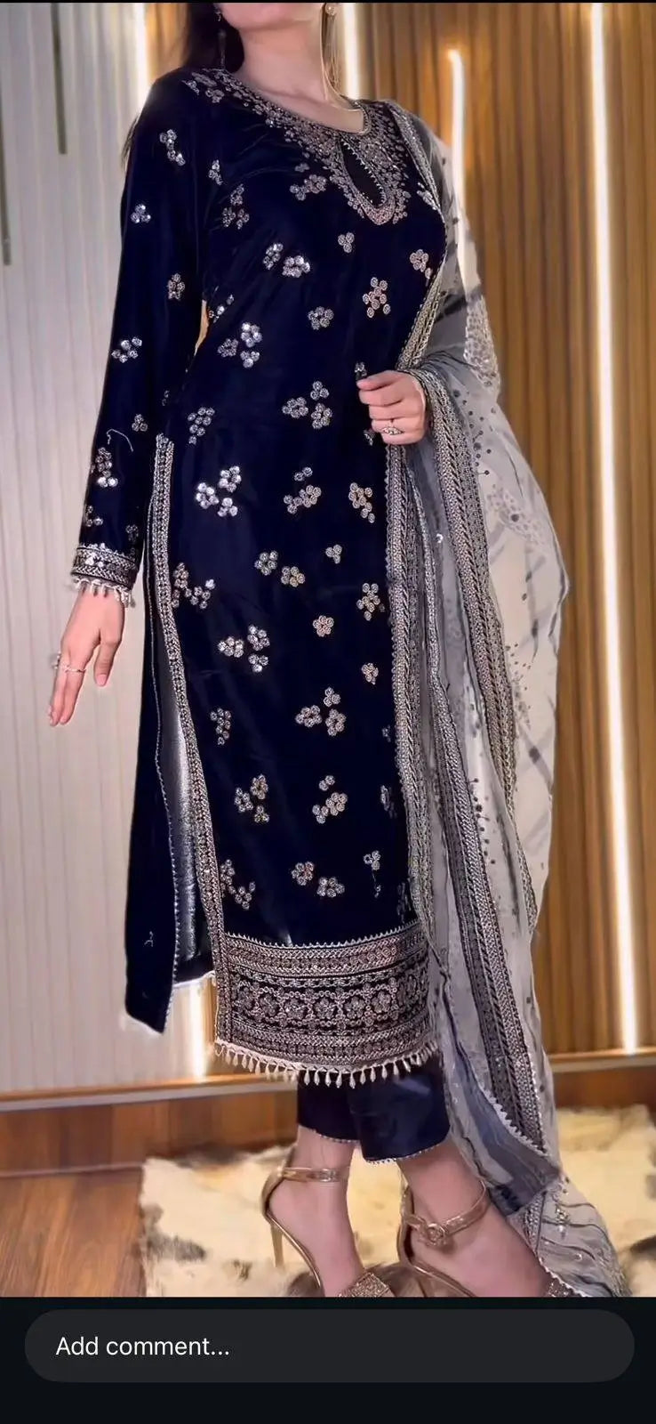 Navy Blue 9000 Velvet Heavy Embroidered Kurti Pant Set with Printed Dupatta | Winter Wedding Party Wear