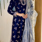 Navy Blue 9000 Velvet Heavy Embroidered Kurti Pant Set with Printed Dupatta | Winter Wedding Party Wear