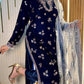 Navy Blue 9000 Velvet Heavy Embroidered Kurti Pant Set with Printed Dupatta | Winter Wedding Party Wear