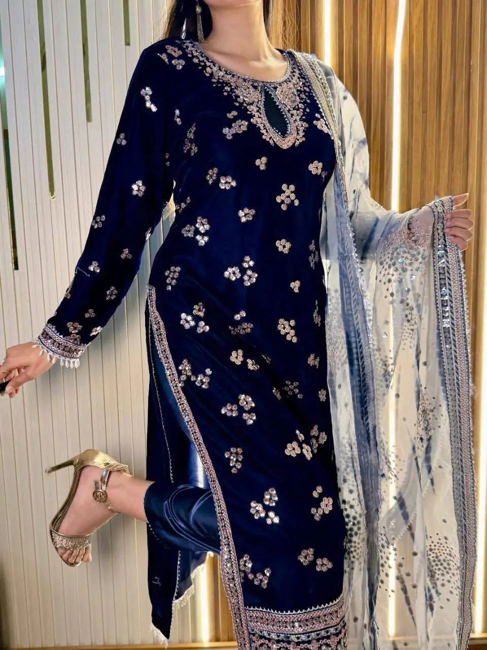 Navy Blue 9000 Velvet Heavy Embroidered Kurti Pant Set with Printed Dupatta | Winter Wedding Party Wear